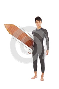 Surfing man wore wet suit and holding surfing board