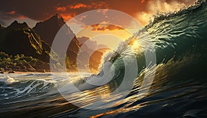 Surfing men crash majestic wave, reflecting awe in nature generated by AI