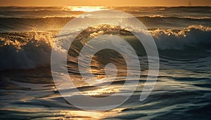 Surfing men ride breaking wave at sunset generated by AI