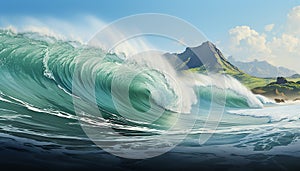 Surfing men spray water, crashing waves, awe inspiring sunset beauty generated by AI