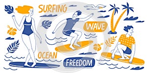 Surfing motivational vector design with people, ocen elements and lettering