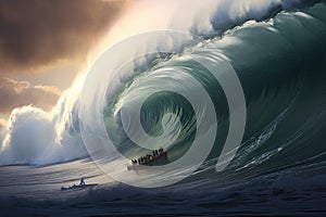 Surfing ocean wave with a boat. 3D Rendering, Extreme surfers surfing on the huge sea waves, rear view, no visible faces, AI