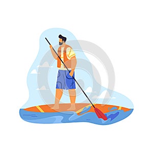 Surfing or paddling on surfboard, vector icon