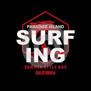 SURFING paradise island design typography, Grunge background vector design text illustration, sign, t shirt graphics, print