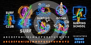 Surfing Poster in Neon Style. Glowing Sign for Surf Club or Shop. Surfboards Electric Icons on Brick Wall Background