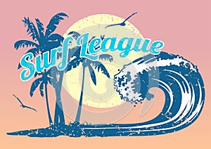 Surfing poster with wave and palm trees