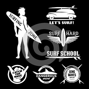 Surfing related labels set. Vector vintage illustration.