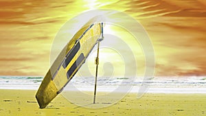 Surfing. Rescue yellow surfboard on the ocean shore