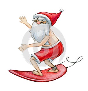 Surfing Santa Claus cartoon, isolated on white. Watercolor illustration