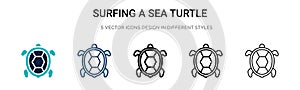 Surfing a sea turtle icon in filled, thin line, outline and stroke style. Vector illustration of two colored and black surfing a