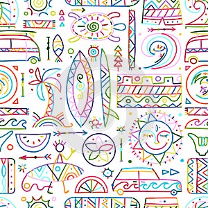 Surfing seamless pattern. Tribal elements for your design