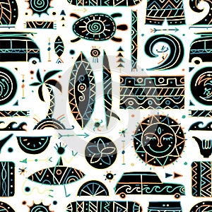 Surfing seamless pattern. Tribal elements for your design