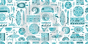 Surfing seamless pattern. Tribal elements for your design