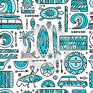 Surfing seamless pattern. Tribal elements for your design