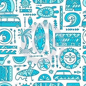 Surfing seamless pattern. Tribal elements for your design