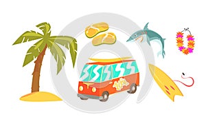 Surfing Set, Summer Vacation Objects, Palm Tree, Van Bus, Shark, Surfboard, Wreath of Flowers Cartoon Vector