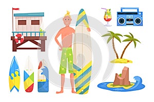 Surfing set. Summer vacations surf collection with young surfer with surfboard.