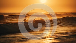 Surfing silhouette back lit by sunset spray generated by AI