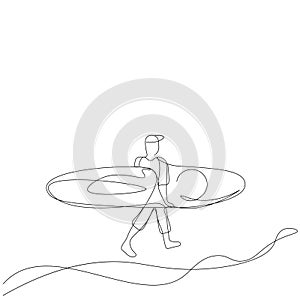 Surfing silhouette man with board paradise beach with waves vector illustration