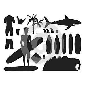 Surfing silhouette vector set.