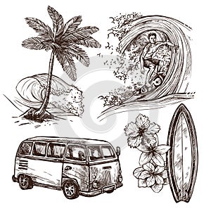 Surfing Sketch Icon Set