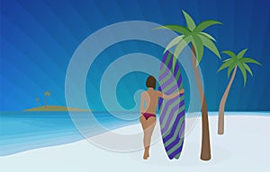 Surfing sport vector concept illustration. Young sexy topless sporty surf girl hugs a surfboard while standing on the sand beach