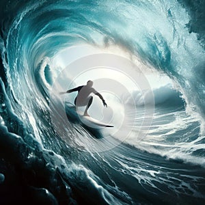 surfing the stunning tube or barrell wave in the ocean