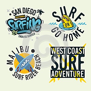 Surfing Style Surf Summer Time Beach Life Hand Lettering Vector Illustrations Set Designs.