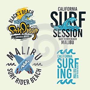 Surfing Style Surf Summer Time Beach Life Hand Lettering Vector Illustrations Set Designs.