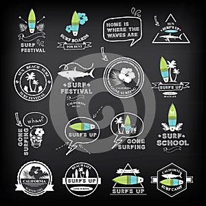 Surfing summer icons,vector labels collection.