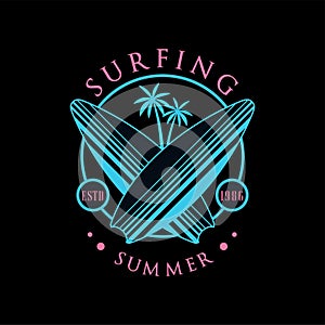 Surfing summer logo estd 1986, design element can be used for surf club, shop, t shirt print, emblem, badge, label