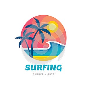 Surfing summer nights - concept business logo vector illustration in flat style. Tropical holiday paradise creative logo. Palms, photo