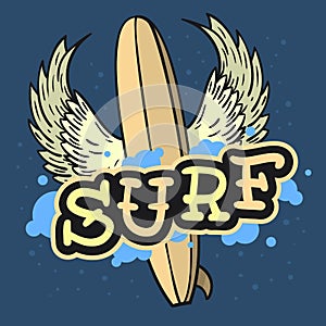 Surfing Surf Themed Longboard With Wings Hand Drawn Traditional Old School Tattoo Aesthetic Flesh Body Art Influenced