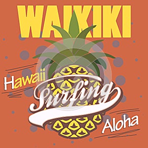 Surfing t-shirt graphic design. Hawaii print stamp. Vector