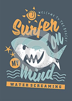 Surfing tee shirt graphic with cartoon shark