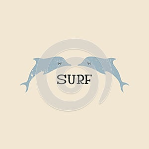 Surfing theme, t-shirt or poster print with hand drawn dolphins couple and surf lettering, cut out text, vector