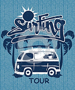 Surfing tour van print on a bamboo background