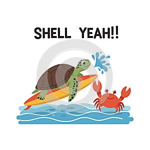 Surfing Turtle and Crab Cartoon Vector Illustration for T-shirt and Cup Printing Designs photo