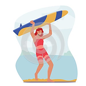 Surfing Vacation Extreme Leisure, Fun. Recreation in Ocean. Young Woman Surfer Character in Swim Wear Carry Surf Board