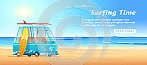 Surfing van on the sandy beach, sea waves and clear sunny day. Surf bus banner design.