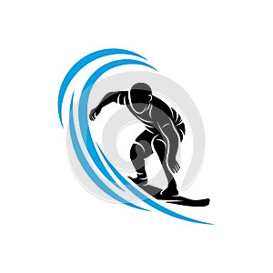 Surfing with water wave logo vector template, Illustration symbol, Silhouette design