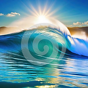 Surfing wave in Blue ocean crest Sea water with sun over blue sky background with Technology