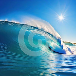 Surfing wave in Blue ocean crest Sea water with sun over blue sky background with Technology