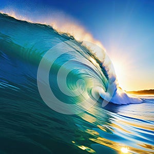 Surfing wave in Blue ocean crest Sea water with sun over blue sky background with Technology