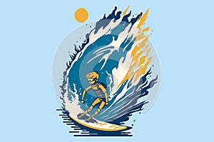Surfing on a wave in the ocean. Surf rider on big waves. Surfer vector illustration design for t shirt print or club banner