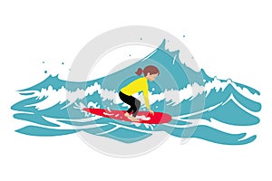 Surfing on a wave in the ocean. Surf rider on big waves. Surfer vector illustration design for t shirt print or club banner