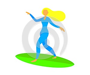 Surfing woman. The girl goes for a drive on a surfboard. Cartoon. Vector