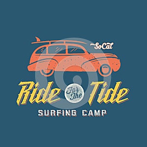 Surfing Woodie Car Retro Style Label or Logo
