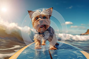 Surfing Yorkie Delight: Sunglassed Pup Hangs Ten on the Ocean Waves - Generative AI