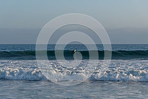 Surfing at Zuma Beach at sunset at high tide, Malibu, California